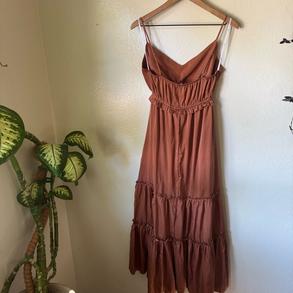 Lulus | Tiers to Sun Rust Brown Satin Cutout Maxi Dress With Pockets - Picture 6 of 7
